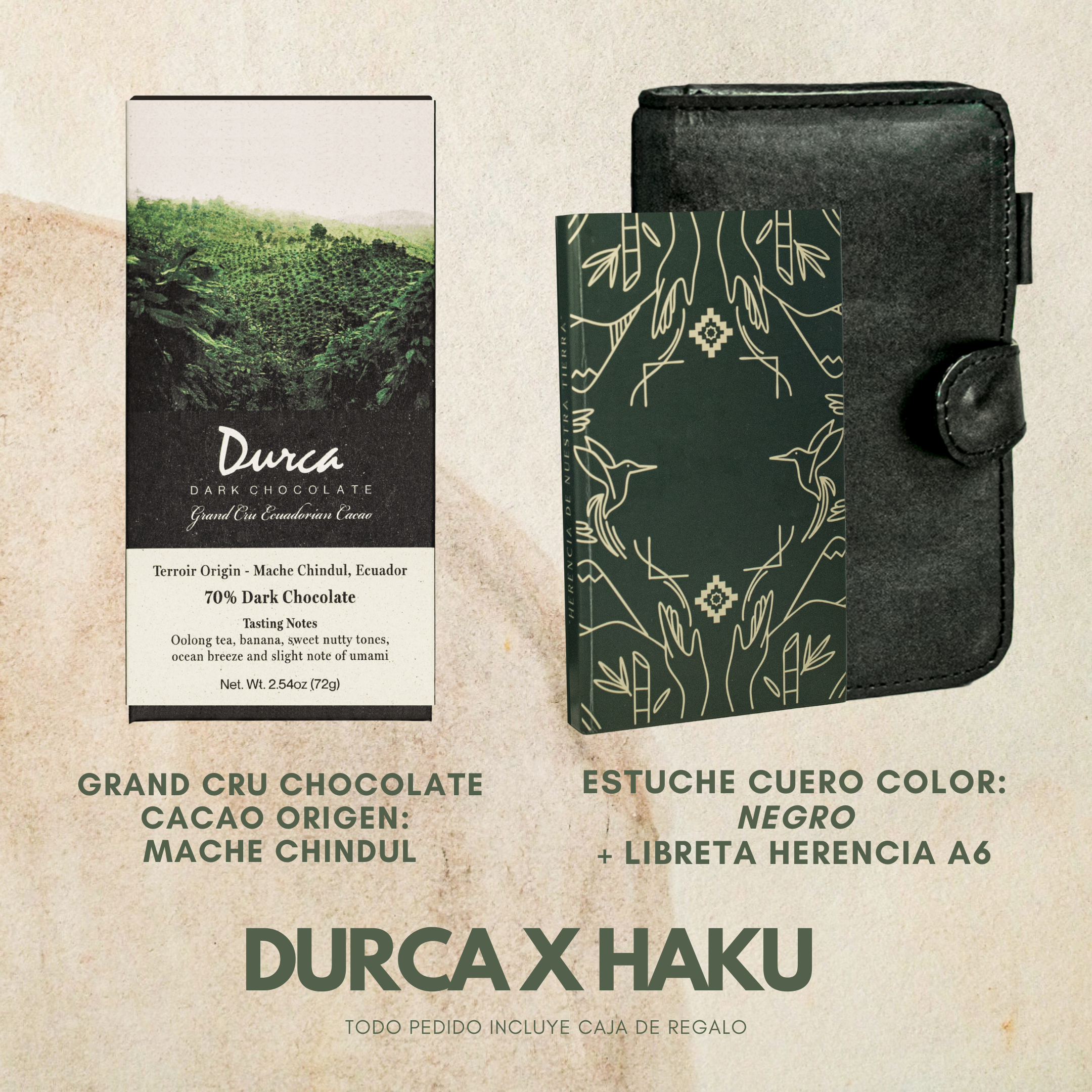 Libreta Herencia + Funda Libreta Haku Cuero + Grand Cru Chocolate Durca 72g