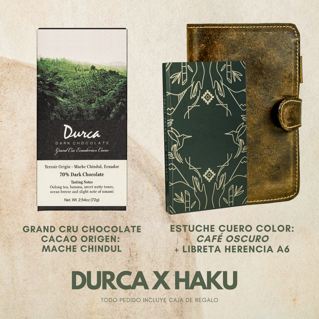 Libreta Herencia + Funda Libreta Haku Cuero + Grand Cru Chocolate Durca 72g