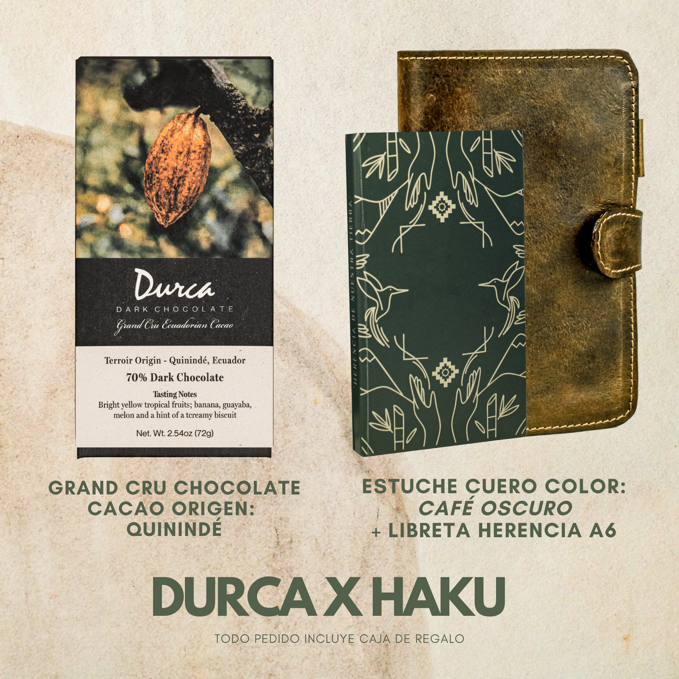 Libreta Herencia + Funda Libreta Haku Cuero + Grand Cru Chocolate Durca 72g