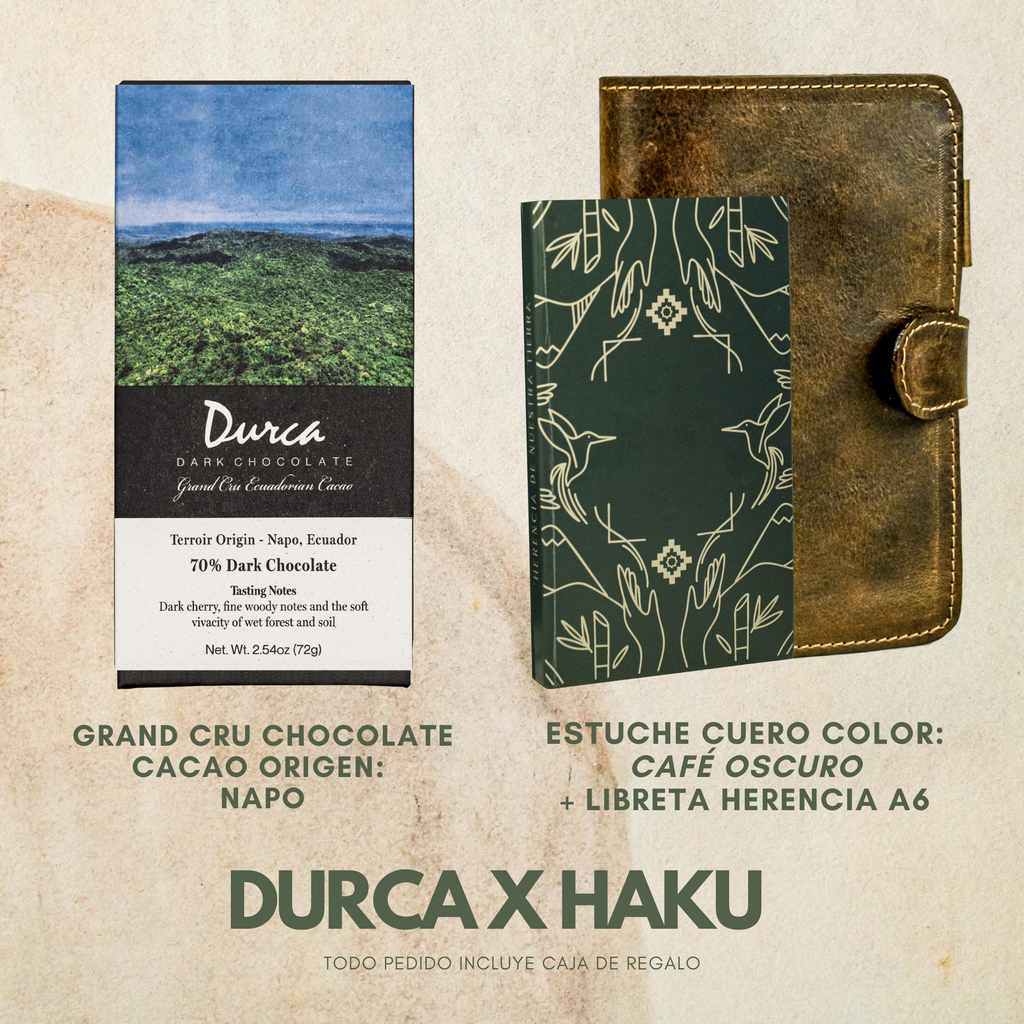 Libreta Herencia + Funda Libreta Haku Cuero + Grand Cru Chocolate Durca 72g