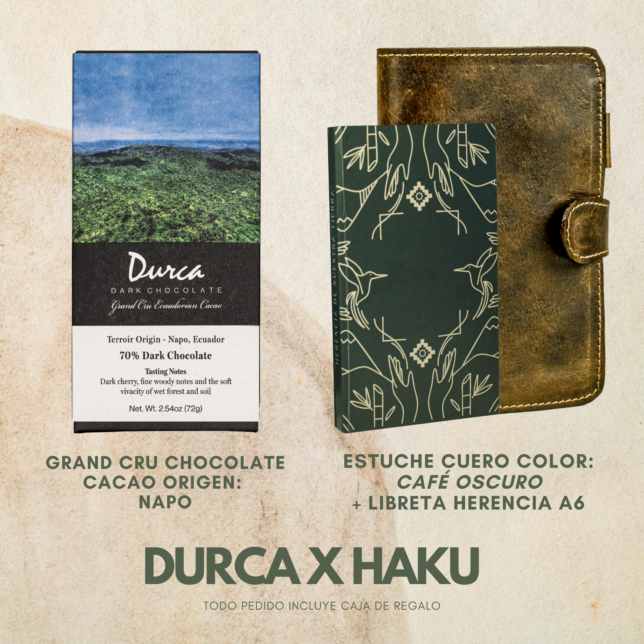 Libreta Herencia + Funda Libreta Haku Cuero + Grand Cru Chocolate Durca 72g