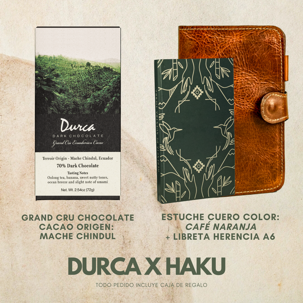 Libreta Herencia + Funda Libreta Haku Cuero + Grand Cru Chocolate Durca 72g