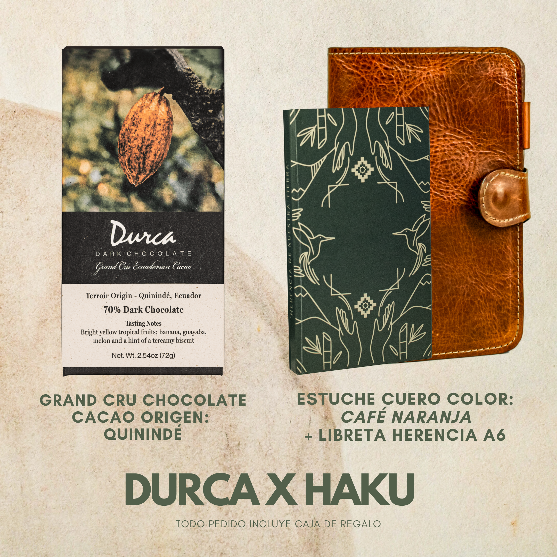 Libreta Herencia + Funda Libreta Haku Cuero + Grand Cru Chocolate Durca 72g