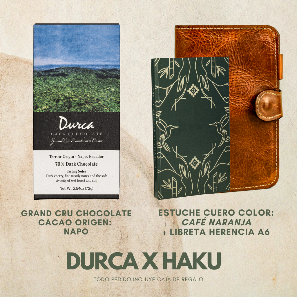 Libreta Herencia + Funda Libreta Haku Cuero + Grand Cru Chocolate Durca 72g