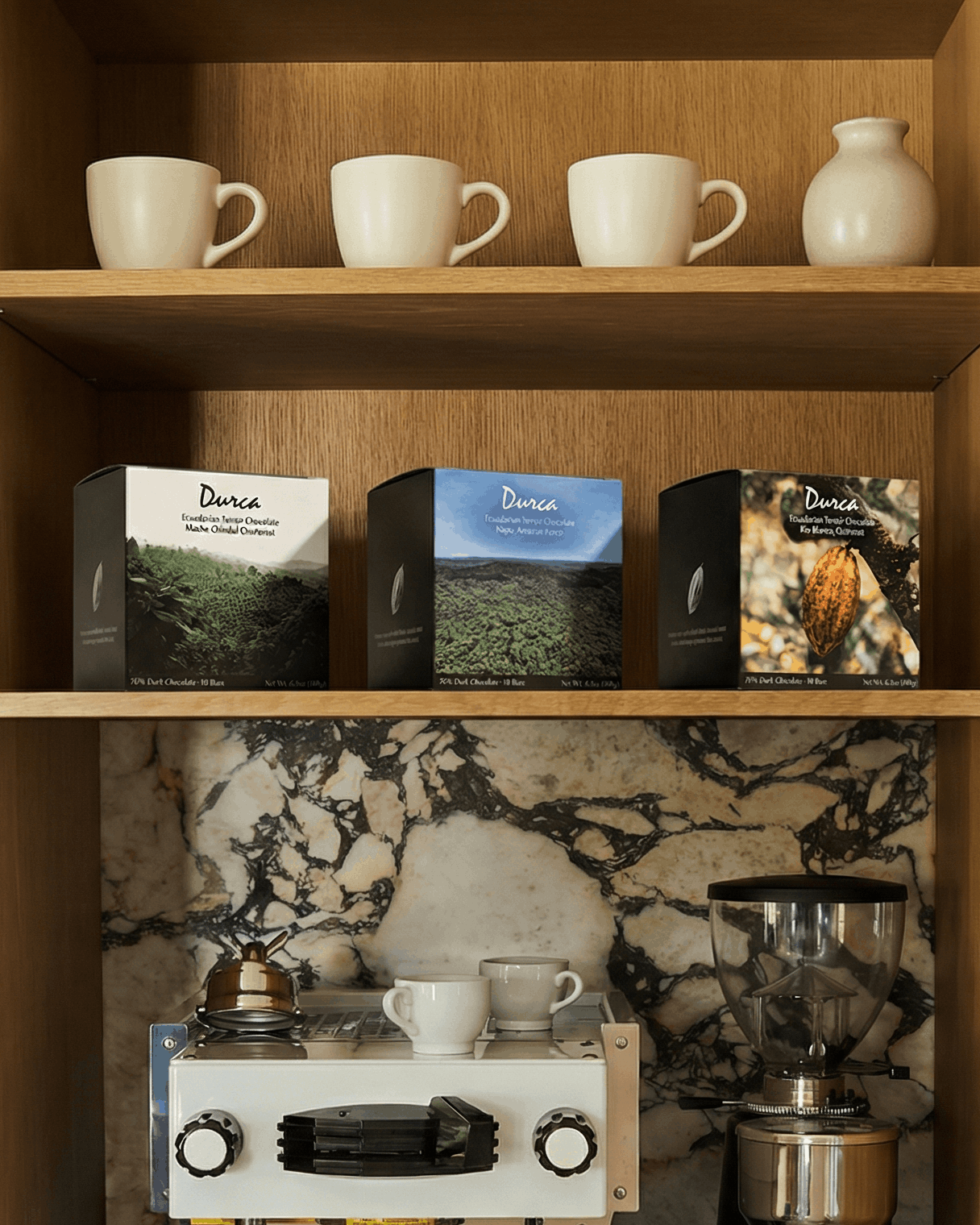 Wooden shelf with coffee-making equipment and decorative items with Durca Chocolate Boxes.