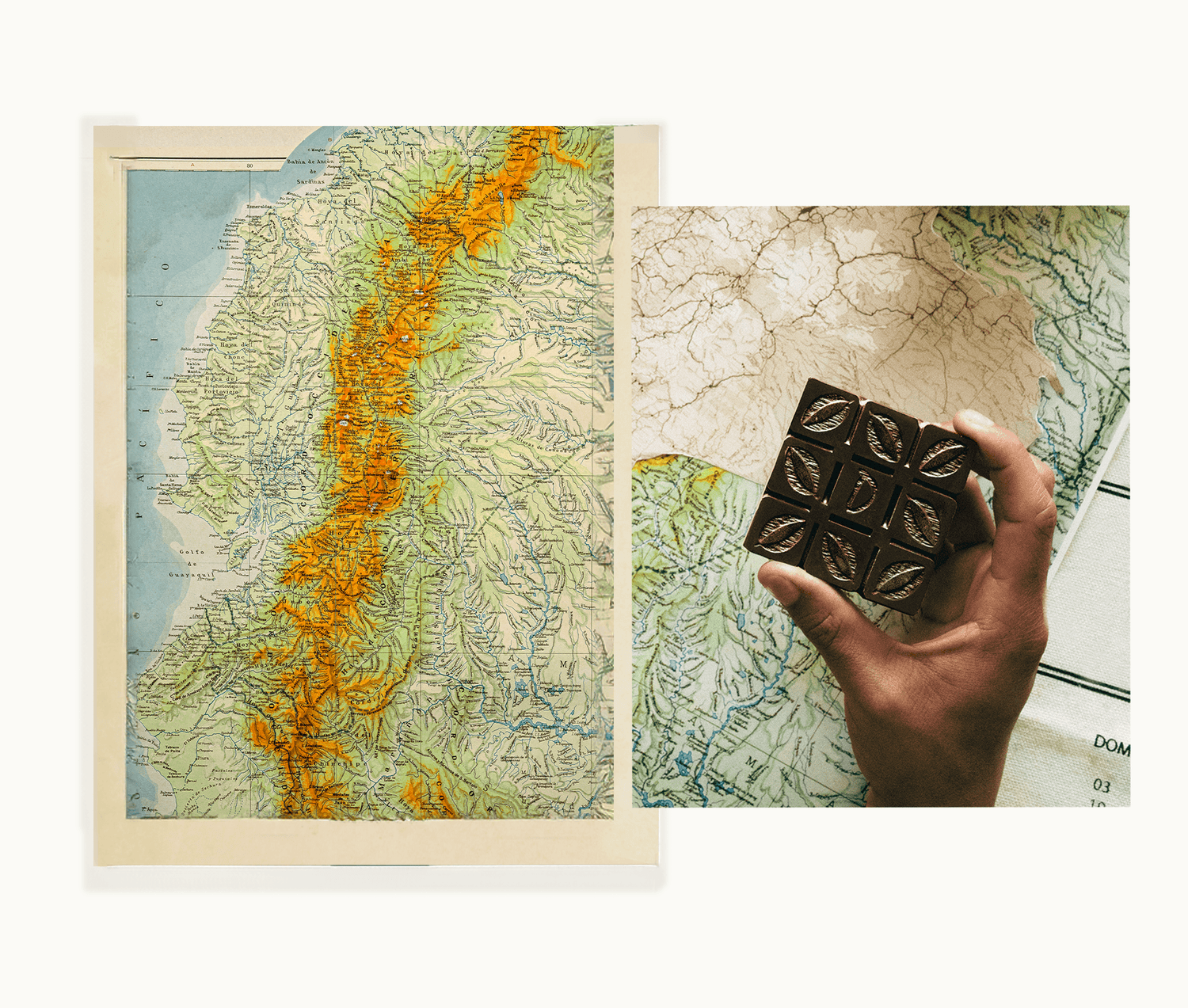 Image of a map of Ecuador from 1810s displaying a dark chocolate in hand, with a shinning tone that demonstrate the high quality of the product.