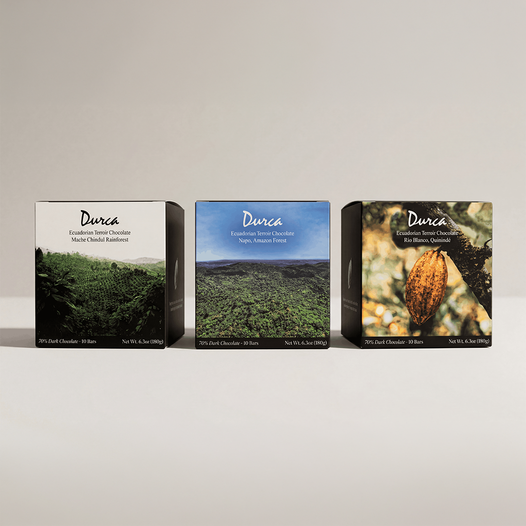 Three Durca chocolate packaging boxes on a light gray background